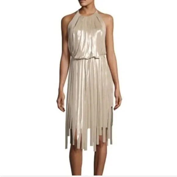 Halston Heritage Halter Dress Womens XS Gold Metallic Fringe Strips Cocktail NWT - Picture 2 of 12
